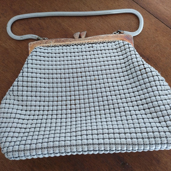 Vintage Glomesh Evening Bag white 1970s made in Australia original strap tags and mirror womens fashion accessories