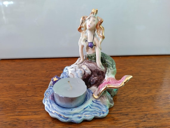 Vintage Mermaid Tea Candle holder approx 4x4 inches Clayworks by Heather Goldminc Bluesky CA colourful detailed hand made ceramic