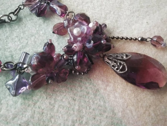 Vintage Beaded Necklace purple glass clusters wit… - image 1