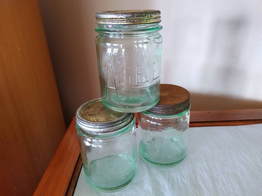 3 Vintage Agee Green Preserving Jars improved Utility Medium Light