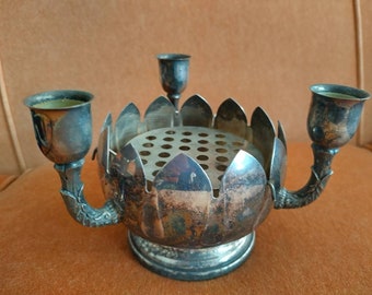 Vintage combo Flower Vase and 3 arm Candle Holder Silver Plated incl frog Viners decorated arms with arm inserts EPNS tarnished no damage