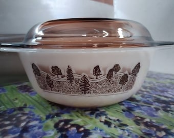 Vintage Pyrex Pine Forest Casserole Dish: Brown Trees Series, England