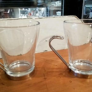 2 Retro Italian Coffee Glasses unused Vitrosax Cups ovenproof glasses with stainless steel frames heavy quality style