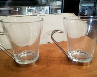 2 Retro Italian Coffee Glasses unused Vitrosax Cups ovenproof glasses with stainless steel frames heavy quality style