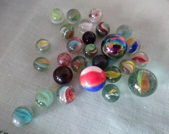 27 Vintage Glass Marble assortment incl 3 shooters genuine mid century vintage cats eye Iridescent lustre spider crystal etc