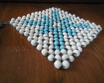 Glass Bead Trivett midcentury turquoise blue and white hand made approx 5 1/2 inch square heavy