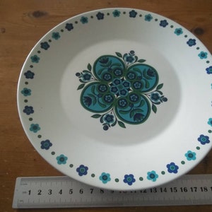 K&ouml;nnte beinhalten: Ein wei&szlig;er Keramik-Dinnerteller mit einem blauen und gr&uuml;nen Blumendesign. Der Teller hat einen blauen und gr&uuml;nen Rand mit kleinen wei&szlig;en Blumen.