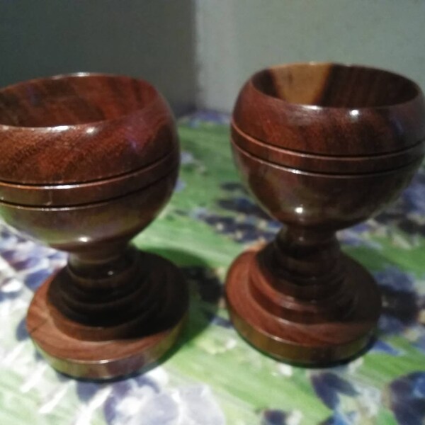 Vintage Mulga Wood Egg Cups exotic Australian natural timber hand turned 1950s-70s approx 2 inches (5 cm) tall