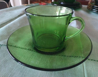 Vintage French Duralex cup and saucer sets translucent green glass tempered classic shape mid century collectible vintage kitchenalia