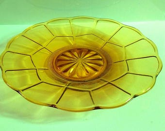Vintage Art Deco Amber Glass Plate faceted star base approx 10 iinch stylish good quality party or cake plate