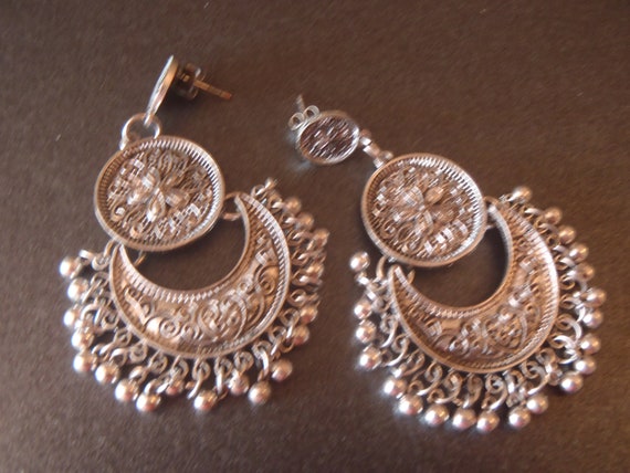Vintage Boho Earrings silver tone metal 3 piece d… - image 1
