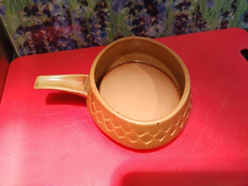 May include: A brown ceramic bowl with a handle. The bowl has a textured pattern on the outside.