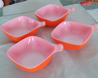 4 ramequines Crown Ovenware de los años 70 con asas cortas, cuadrados, 12 cm (sin asa), color naranja y blanco, coleccionables, clásicos vintage, muy buen estado.