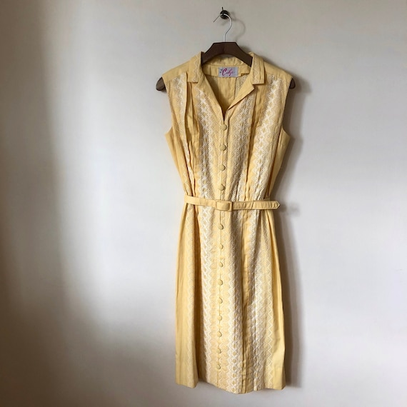 1960s yellow embroidered pleated shirt dress