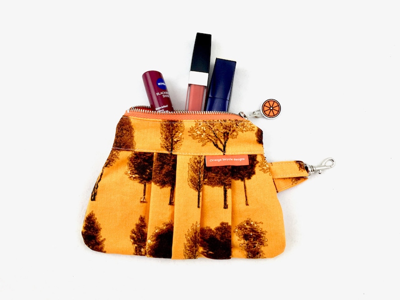 FREE SHIPPING. Pleated Zipper Purse Pouch with Inside Pockets Gold Tree and Sunflower Print