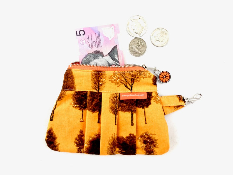 FREE SHIPPING. Pleated Zipper Purse Pouch with Inside Pockets Gold Tree and Sunflower Print