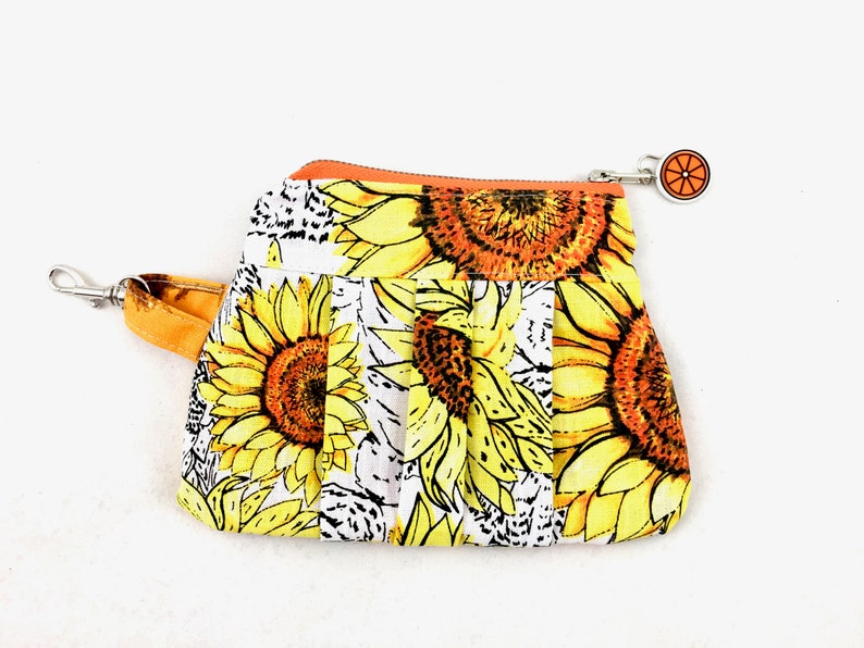 FREE SHIPPING. Pleated Zipper Purse Pouch with Inside Pockets Gold Tree and Sunflower Print