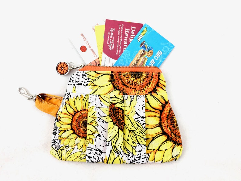 FREE SHIPPING. Pleated Zipper Purse Pouch with Inside Pockets Gold Tree and Sunflower Print