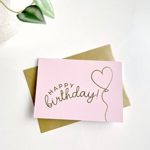 Happy Birthday Heart-Shaped Balloon Greetings Card // Blush Pink & Gold Foiled
