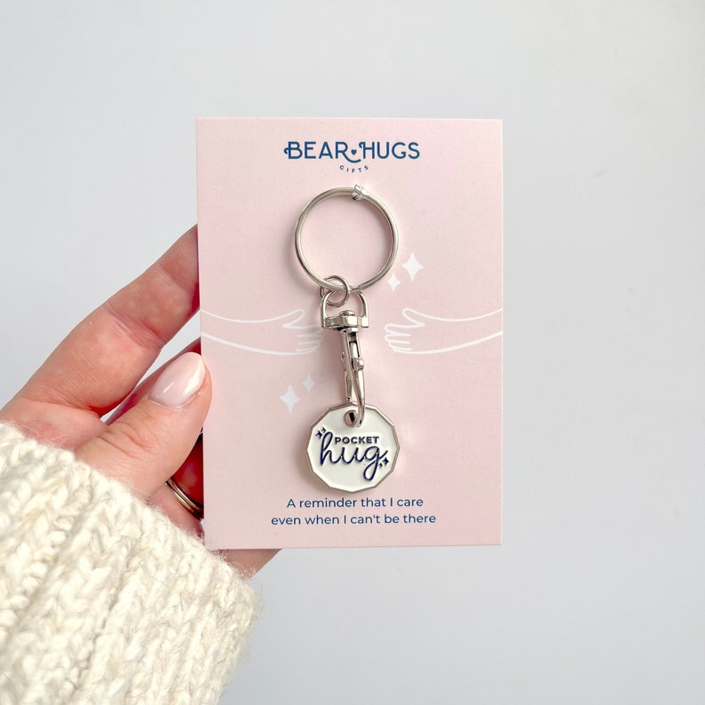 Pocket Hug Token Keyring // Thinking of You // Pick Me Up Gift // Trolley Coin Key Ring Chain image 1