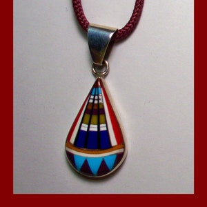 MICRO INLAY PENDANT – Zuni Multicolored Mosaic – Pear Shape – New Old Stock – Vintage circa 1990s - Made in Arizona