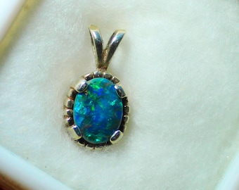 BLACK OPAL CHARM/Small Pendant – Lightning Ridge Australia – Natural & Untreated - Blueish-Green Flashes - Sterling Silver - Made in Maine