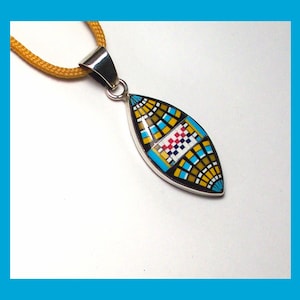 MICRO INLAY PENDANT – Zuni Multicolored Mosaic – Navette Shape – New Old Stock – Vintage circa 1990s