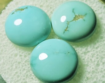 3 pc parcel of NATURAL FOX TURQUOISE – 12 mm Round Cabs – Pre-WW2 – Greenish-Blue Color – Natural & Untreated - Made in Nevada and Maine