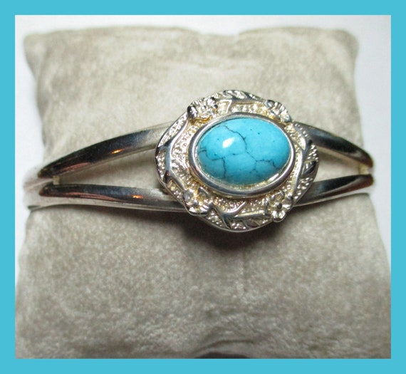 TURQUOISE CUFF BRACELET - Split Shank - Sterling … - image 1