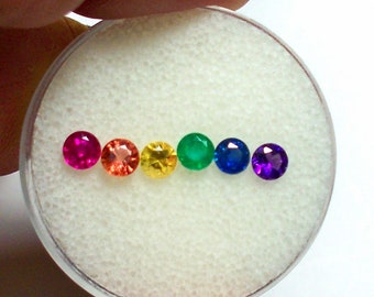GAY PRIDE GEMSTONE Rainbow – Set of 6 Facetted 4.1 mm Genuine Round Gemstones- Ruby - 2 Fancy Sapphires - Emerald - Blue Sapphire – Amethyst