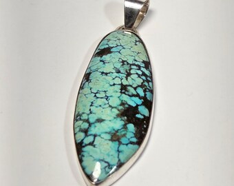 Greenish-Blue TIBETAN TURQUOISE PENDANT – 59 x 18 mm – Sterling Silver – Made in New Hampshire & Maine