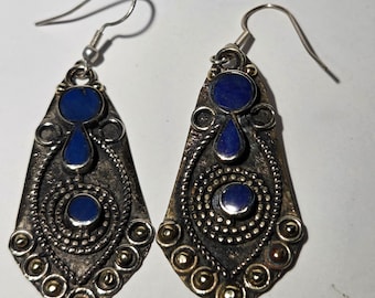 LAPIS DANGLE EARRINGS – Native Silver with Brass Accents – Earth Mined Materials - Handmade in Afghani Refugee Camps in Pakistan
