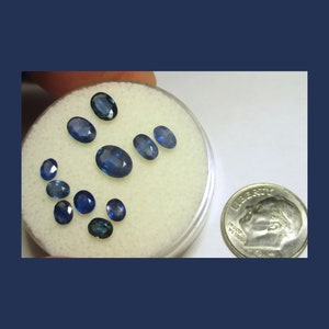 May include: A collection of oval-shaped blue sapphires of varying sizes in a white foam container. A US dime is included for scale.
