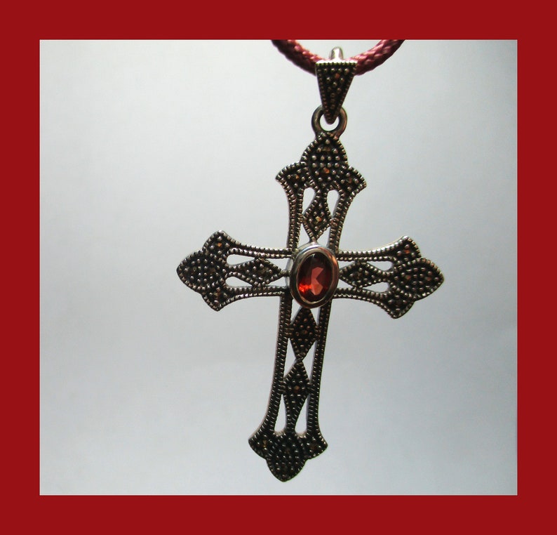 GARNET /& MARCASCITE CROSS \u2013 Vintage Sterling Silver Pendant \u2013 New Old Stock