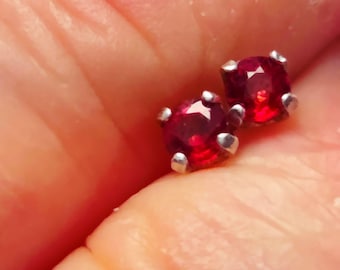RUBY STUD EARRINGS – High-Quality Red Color - 3 Millimeter Rounds- Sterling Silver – Made in Maine