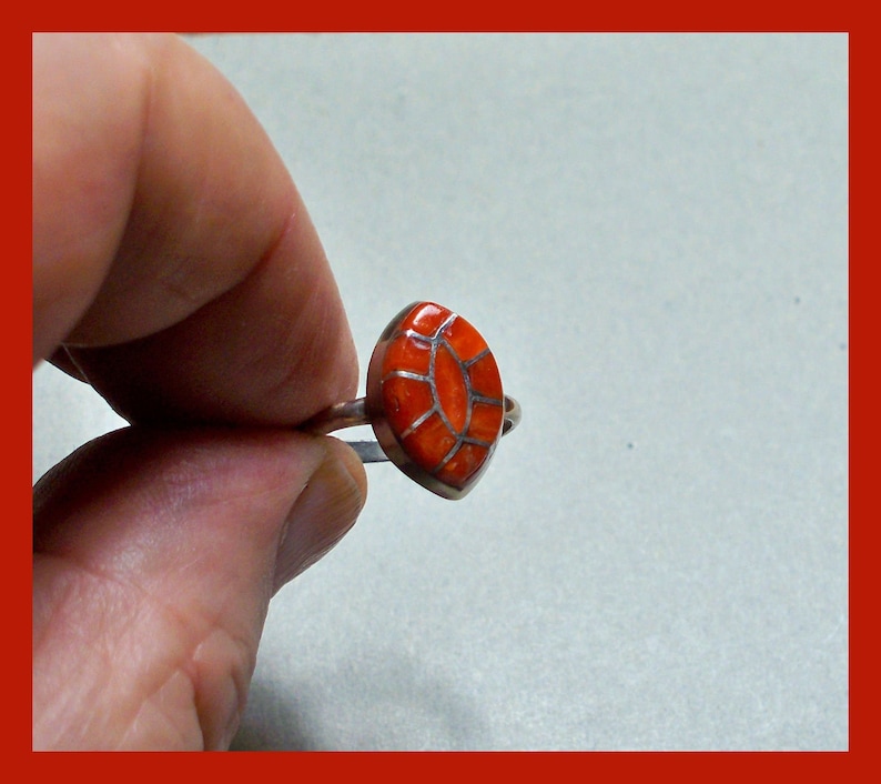 ZUNI RED CORAL Ring Mosaic Old Pawn Vintage Sterling Silver \u2013 Size 7 12