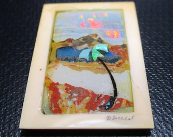 ANTIQUE TROPICAL OPAL Mosaic – 35 X 24 mm Rectangle - Rainbow Flash Black Opal & Scenic Jaspers – One-of-a kind signed Artwork – pre-1960