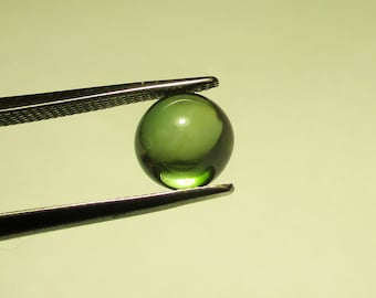 May include: A green gemstone cabochon held in tweezers. The gemstone is oval shaped and has a smooth, polished surface.