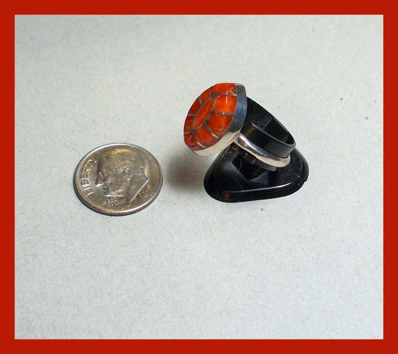 ZUNI RED CORAL Ring Mosaic Old Pawn Vintage Sterling Silver \u2013 Size 7 12