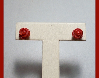 MAINE MADE – Sterling Silver Findings – Carved Red Rose Stud Earrings