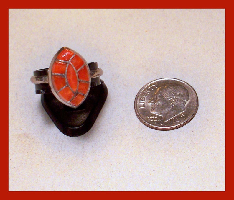 ZUNI RED CORAL Ring Mosaic Old Pawn Vintage Sterling Silver \u2013 Size 7 12