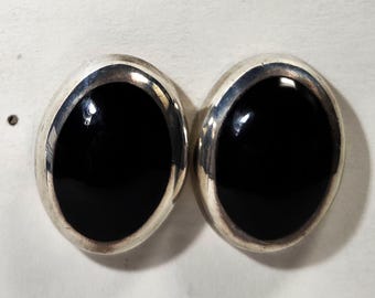 BLACK ONYX DANGLE Earrings – Large 24 x 19 mm Size – Sterling Silver - Made in Maine