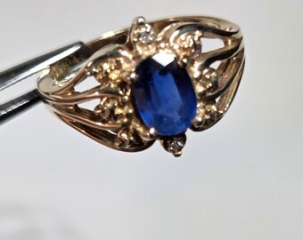 14k GOLD SAPPHIRE RING – Size 6 3/4 - 14 karat Yellow Gold - Diamond Accents – Classic Design - New Old Stock - Made in Massachusetts