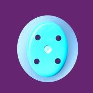 May include: A light blue, oval-shaped button with four black dots around a white center dot.