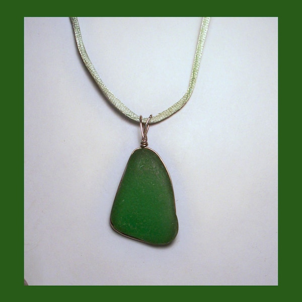 SEA GLASS PENDANT –- Green Maine Sea Glass In A Wire-Wrapped Sterling Silver Pendant -– Made In New Hampshire