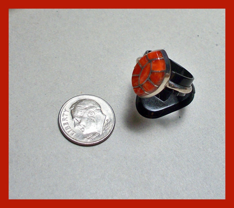 ZUNI RED CORAL Ring Mosaic Old Pawn Vintage Sterling Silver \u2013 Size 7 12
