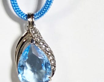 SYNTHETIC BLUE TOPAZ Pendant with White Crystal trim – Hinged Sterling Silver Mounting – Made in America