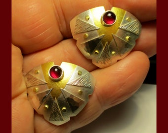 pair of RHODOLITE GARNET Two Tone EARRINGS - 22 and 18 karat Yellow Gold with Sterling Silver – One-of-a-Kind Designer Artwork