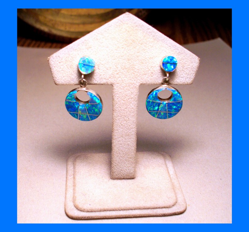 ZUNI DANGLE EARRINGS \u2013 Blue Created Opal \u2013 Sterling Silver \u2013 Gemstone Mosaic Inlay \u2013 Arizona Circa 1990s \u2013 New Old Stock