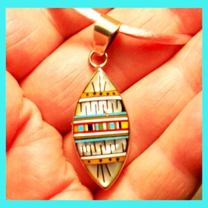 ZUNI MOSAIC PENDANT – High Quality Micro Inlay - Sterling Silver - Navette Shaped Pendant - Vintage - New Old Stock - circa 1990s
